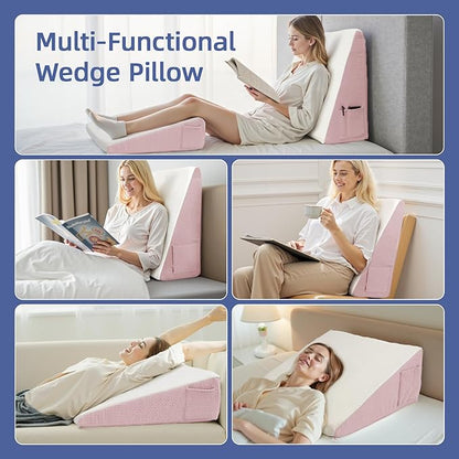 Wedge Pillow for Headboard, 10’’ Triangle Elevated Bed Wedge Pillow for Acid Reflux Relief, Sleeping, Post Surgery, Back Pain Relief, Snoring, Soft Memory Foam Top & Washable Breathable Cover, Pink