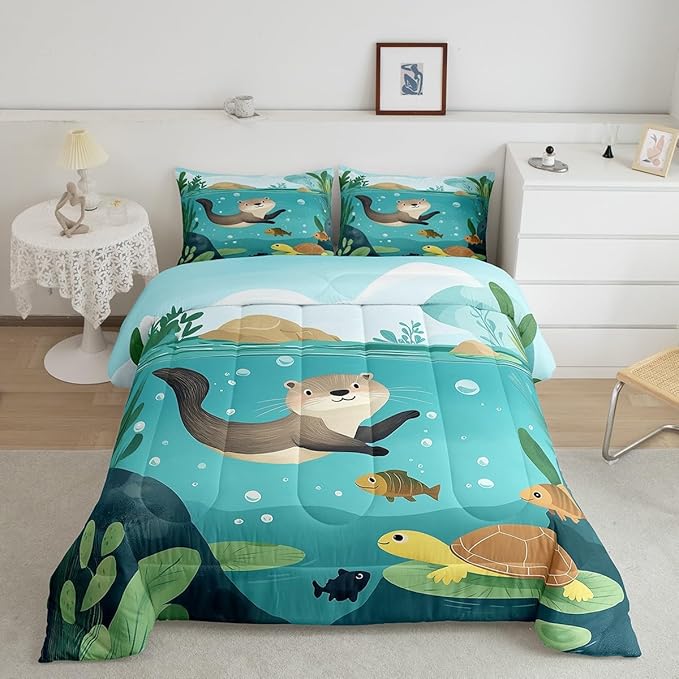 Lovely Otter Kids Comforter Set Toddler Size 2 Pcs Underwater View Cute Turtle Fish Bedding Sets for Boys Girls Teens Green Leaves Cartoon Animal Rustic Style Quilted Comforter with 1 Pillowcase