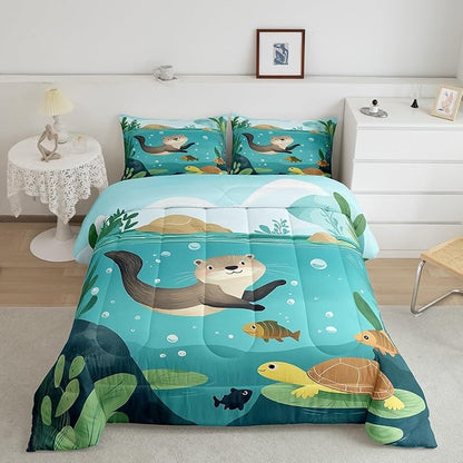 Lovely Otter Kids Comforter Set Toddler Size 2 Pcs Underwater View Cute Turtle Fish Bedding Sets for Boys Girls Teens Green Leaves Cartoon Animal Rustic Style Quilted Comforter with 1 Pillowcase