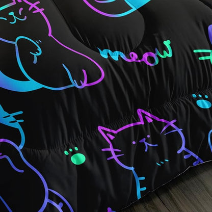 3D Neon Cat Kids Comforter Set,Gradient Line Cat Toddler Comforters King Size for Teens Kids Boys Girls Room Decoration,Black Kawaii Bedding Sets with 2 Pillowcases.