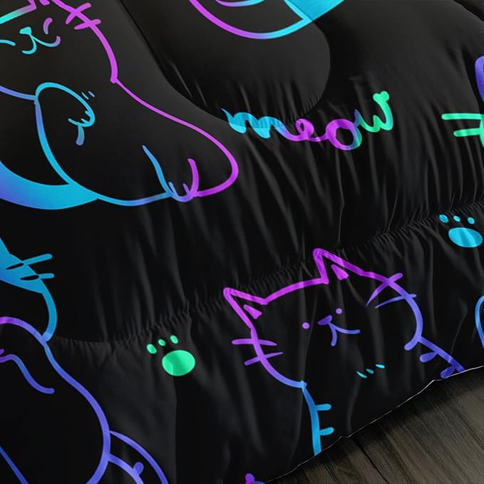 3D Neon Cat Kids Comforter Set,Gradient Line Cat Toddler Comforters Full Size for Teens Kids Boys Girls Room Decoration,Black Kawaii Bedding Sets with 2 Pillowcases.