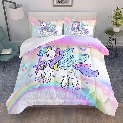 Unicorn Comforter Set for Girls Butterfly Bedding Set Rainbow Quilt Set Full with 1 Comforter and 2 Pillowcases