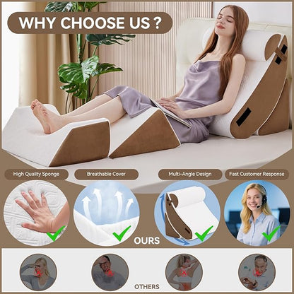 Newgoo Wedge Pillow Set for After Surgery, 5PCS XL Bed Wedge Pillow for Sleeping, Memory Foam Orthopedic Back Pillow for Pain Relief and Acid Reflux, Adjustable Post Surgery Pillow Grey Brown
