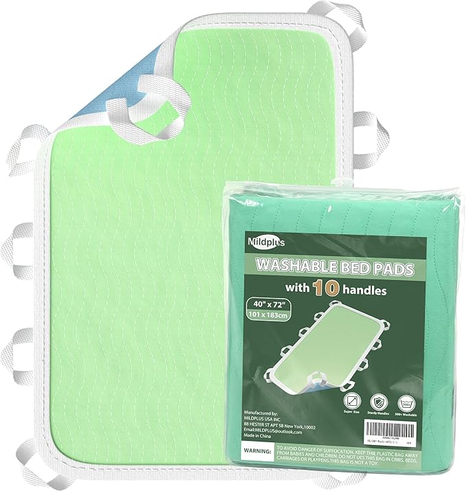 Washable Bed Pads with 10 Sturdy Handles 40”×72” Extra Large Reusable Underpads 4-Layers Leakproof Chucks Pads Washable for Incontinence (Green,1 Pack)
