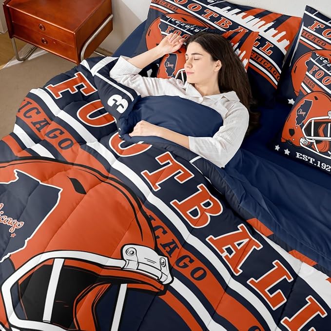 American Football City Helmet Bedding Sets Queen, 3D Sports Football Game Comforter Orange Navy Football Comforter + Flat Sheet + Fitted Sheet + 2 Pillowcases + 2 Throw Pillow Covers (Chicago)