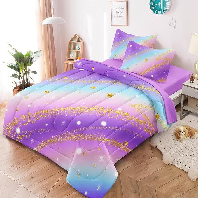 3 Pcs Full Bedding Sets for Girls, Purple Glitter Rainbow Full Size Bed Set, Stars Galaxy Bedding Comforter Set for Girls