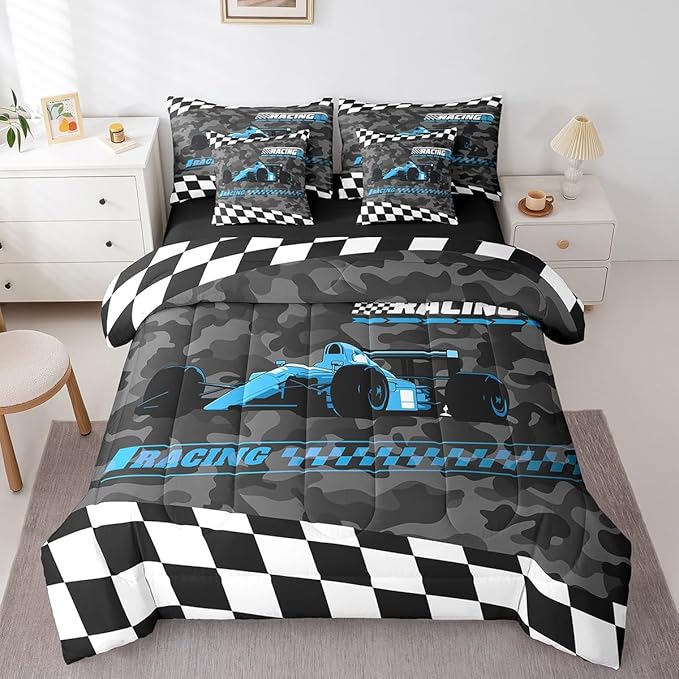 Feelyou Blue Racing Car 7 Piece Bedding Set King Size Kids Boys Cartoon Race Car Comforter Set with Sheets for Teens Toddler Extreme Sports Bed in a Bag Camouflage Bed Set