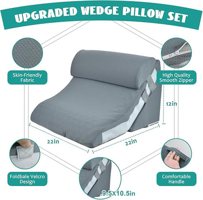 3PCS Wedge Pillow Set for After Surgery, Wedge Pillow for Acid Reflux Relief, Adjustable 9&12inch for Headboard, Orthopedic Memory Foam for Neck&Back Support,Grey