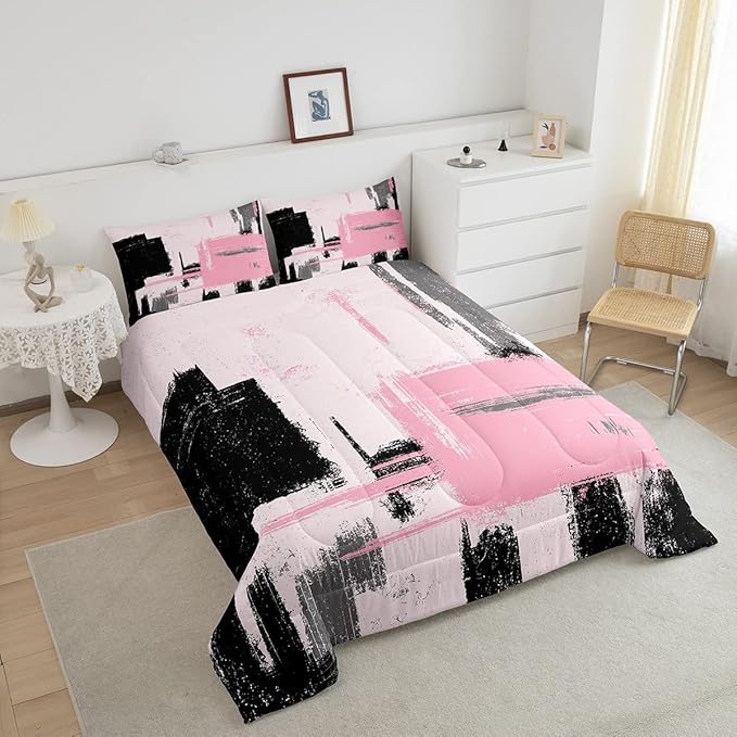Feelyou Abstract Comforter Modern Abstract Art Comforter Set for Boys Girls Children Pink Black Pattern Bedding Set Room Decor Full Size Duvet Set 3Pcs