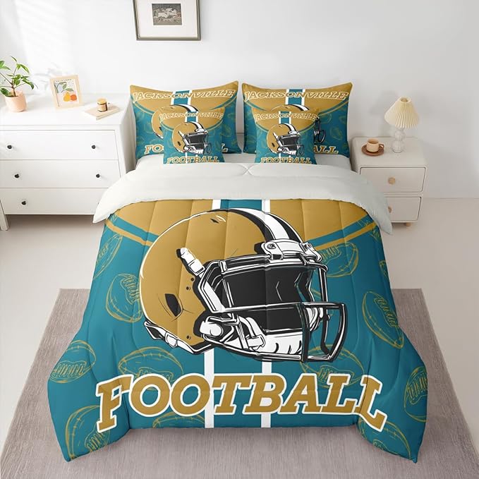 Feelyou Football Comforter Set with Sheets 7 Piece Twin Size Ball Games Bed in a Bag Kids Boys Girls Rugby Bedding Set City of Footballs Bedroom Decor Rugby Sports