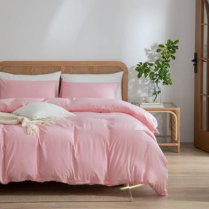 Pink Duvet Cover King, 100% Microfiber, Solid Design, Soft, Prewashed, Zipper Closure, 4 Ties, Ultra Soft Feel, Natural Wrinkled, King Size, 3 Count