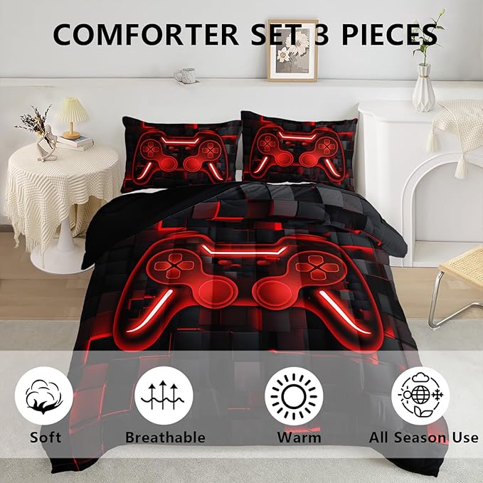 Axolotl Gamepad Comforter Set King Size,Red Grid Print Bedding,Boys Gaming Console Comforter,Video Gaming Controller Bedding for Teens Men Adults,Cool Gamer Bed Set 1 Quilt 2 Pillowcases,Red Black
