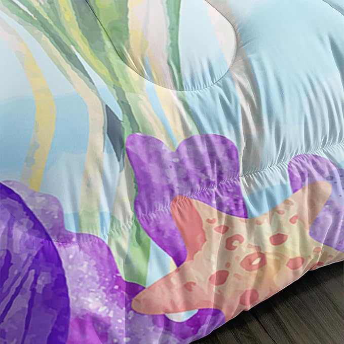 Kawaii Axolotl Ocean Comforter 3Pcs Queen Salamander Hippocampus Marine Animal Jellyfish Fish Bedding Set for Kid Boy Girl Teen Adult Coral Starfish Bed Decor with 1 Comforter and 2 Pillowcases