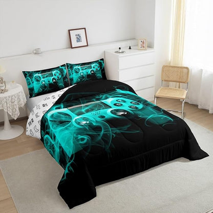 Feelyou Kids Gamer Comforter Set Full Size Teens Gamepad Bedroom Decor for Boys Girls Video Game Controller Bedding Set Youth Gaming Console Comforter Blue Black with 2 Pillow Case