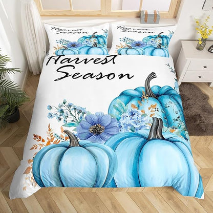 Fall Pumpkin Bedding Set Full Size,Hand Drawn Flowers Plants Duvet Cover 3pcs for Kids Girls Woman Adult Room Decor,Rustic Farmhouse Comforter Cover Watercolor Blue Purple Quilt Cover,2 Pillowcases