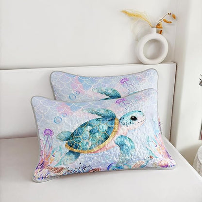 Coastal Bedding Sea Turtle Quilted Set,Mermaid Scale Coral Pattern Bed Set for Toddler Kids Girls Beach Themed Room Decor,Twin Quilt Bedding Sets with 2 Pillowcases.