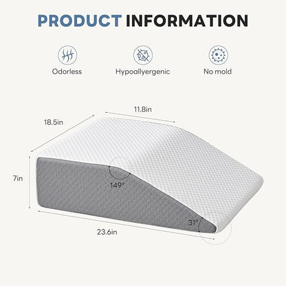 Wedge Pillow for Back Pain Relief, Acid Reflux Pillow, Memory Foam Sleep Apnea Pillows for Sleeping Versatile Triangle Pillow Wedge for Bedroom Living Room, 7Inch, White and Grey