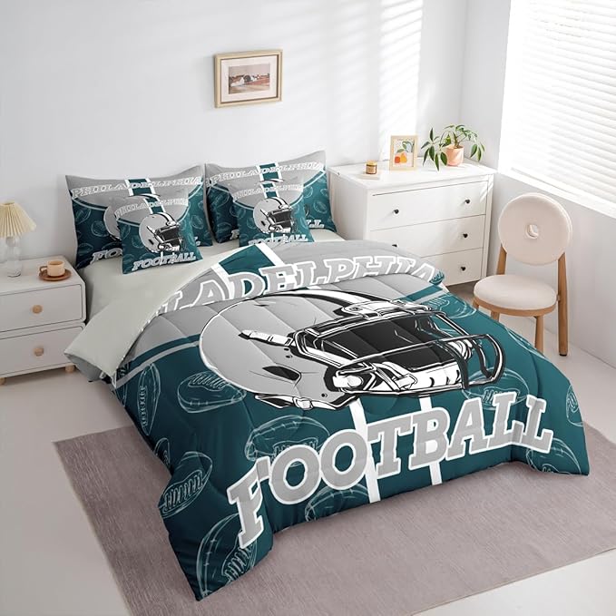Feelyou Football Comforter Set with Sheets 7 Piece King Size Ball Games Bedding Set for Kids Boys Girls Rugby Bed in a Bag City of Footballs Room Decor Rugby Sports