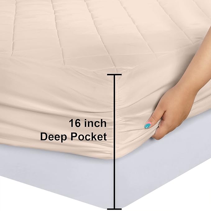 Utopia Bedding Quilted Fitted Mattress Pad, Queen Size, Elastic Fitted Mattress Topper Protector and Cover with Deep Pocket Stretches up to 16 Inches, Machine Washable (Beige)
