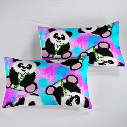 QOOMO Panda Comforter Queen Size,Neon Panda Comforter Set for Kids Teens Girls Boys,3Pcs Bedding Set Printed Comforter with 2 Pillowcases,Down Alternative,Soft and Lightweight，Queen Size