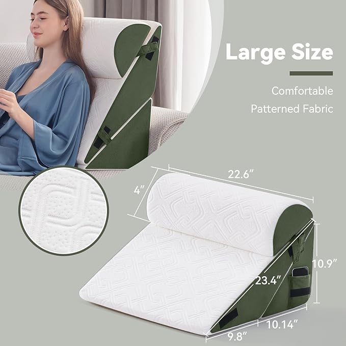 Wedge PillowSet for After Surgery, 3 PCS Bed Wedge Pillow for Sleeping, Memory Foam Orthopedic Back Pillow for Pain Relief and Acid Reflux, Adjustable Post Surgery Pillow Green