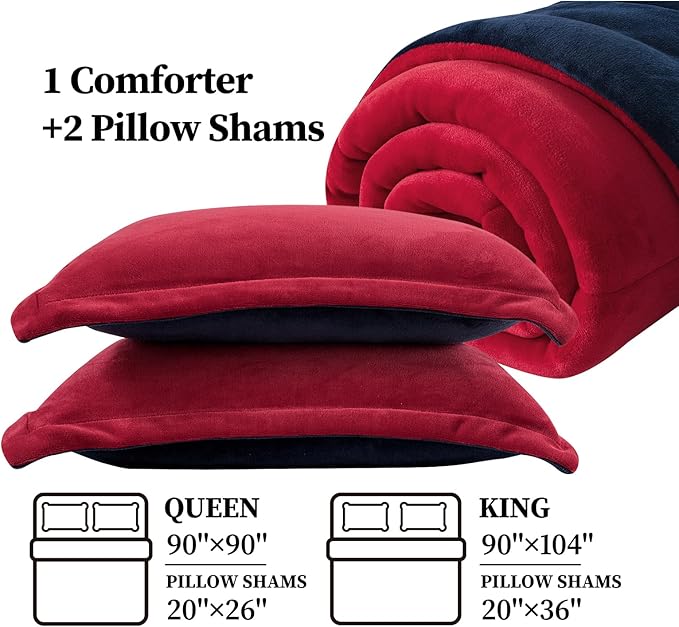 Petrichor Velvet Flannel King Comforter Set- Red and Navy Blanket,Luxury Fuzzy Heavy Bedding Set, 3 Pieces Plush Winter Bed Set with Comforter (90"x104") & 2 Pillow Shams (20"x36")