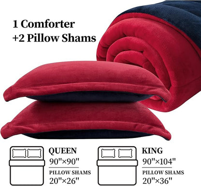 Petrichor Velvet Flannel King Comforter Set- Red and Navy Blanket,Luxury Fuzzy Heavy Bedding Set, 3 Pieces Plush Winter Bed Set with Comforter (90"x104") & 2 Pillow Shams (20"x36")
