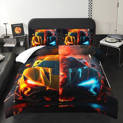 Boys Comforter Set Full Size Race Car，Kids Full Size Blue and Red Race Car Bedding Set，Race Car Quilt Full with 1 Comforter with 2 Pillow Case，Kids Race Car Themed Bedroom Decor for Boys