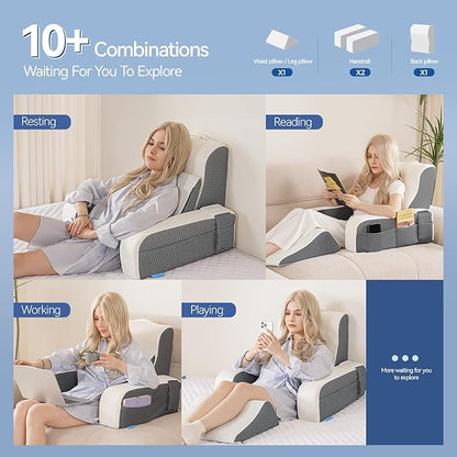 Kayfia Reading Pillow, 10 in 1 Back Pillow for Bed Sitting up with Detachable Arms Rest, Back Rest Pillow with Gel Memory Foam, Husband Pillow for Reading/Gaming/Working in Bed or Couch 19", White