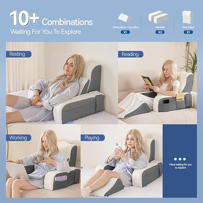 Kayfia Reading Pillow, 10 in 1 Back Pillow for Bed Sitting up with Detachable Arms Rest, Back Rest Pillow with Gel Memory Foam, Husband Pillow for Reading/Gaming/Working in Bed or Couch 21'', White