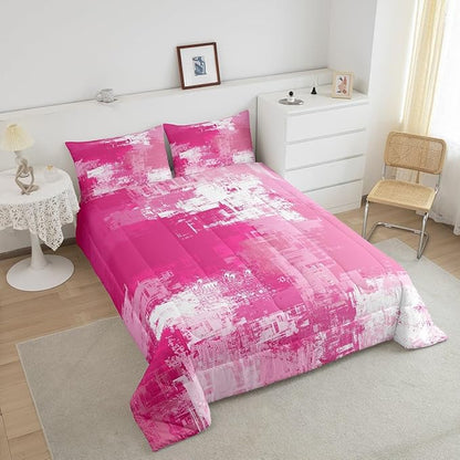 Feelyou Pink Abstract Duvet Quilt Geometric Bedding Set for Kids Boys Girls Teens Room Decor Modern Comforter Set Queen Size Buffalo Check 3Pcs Breathable Soft Lightweight Microfiber