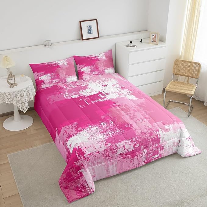 Feelyou Pink Abstract Duvet Quilt Geometric Bedding Set for Kids Boys Girls Teens Room Decor Modern Comforter Set Toddler Size Buffalo Check 2Pcs Breathable Soft Lightweight Microfiber