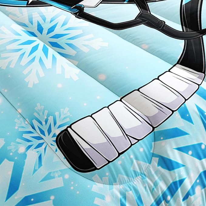 Blue Ice Hockey Comforter 3Pcs Queen Hockey Sports Event Snowflake Bedding Set for Kid Teen Girl Boy Adult Winter Sports Games Hockey Helmet Quilt Bed Decor with 1 Comforter and 2 Pillowcases