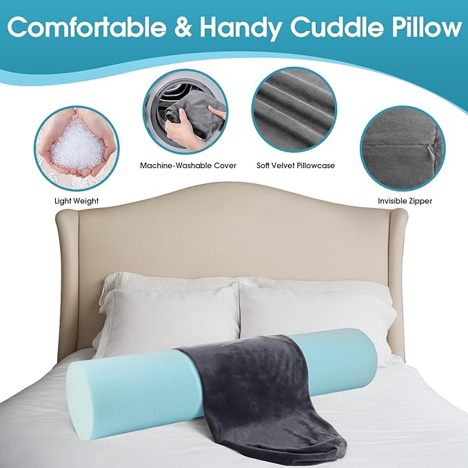 Memory Foam Body Pillow for Bed, Long & Big Full Body Pillows for Adults, Multifunctional Bolster Pillows with Removable & Washable Velvet Cover, Cylindrical Side Pillow (47.24"*7.9")
