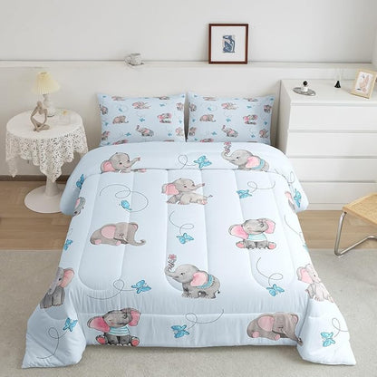 Cute Elephant Kids Comforter Set King Size,Blue Butterfly Cartoon Wildlife Reversible Quilted Duvet with 2 Pillowcases Watercolor Grey Pink Animal Comforter for Boys Teens Bedroom