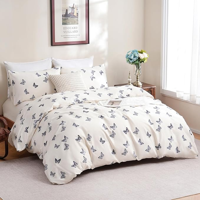 Butterfly Duvet Cover Set King Size 100% Cotton Duvet Cover 3 Pcs Cute Butterfly Printed Comforter Cover with Zipper Closure Soft and Lightweight Cotton Duvet Cover