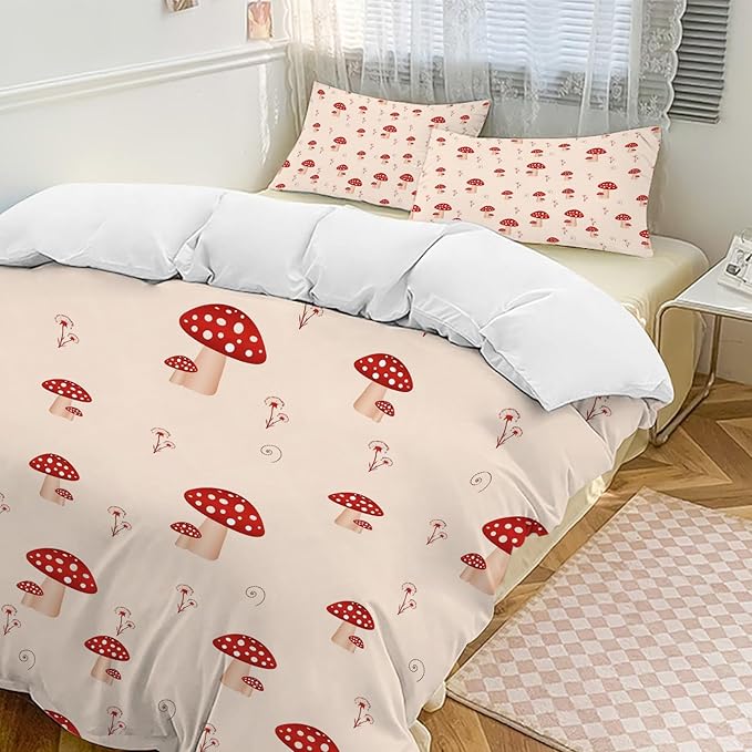 Mushroom Bedding Set Cartoon Mushroom Theme Comforter Set for Kids Teens Adults Women Men Red Mushroom Duvet Cover Bedroom Decor Soft King Size Quilt Cover with 2 Pillowcases
