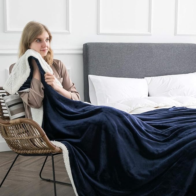 IR Imperial Rooms Navy Sherpa Blankets Queen Size for Bed - Wholesale Bulk Pack of 9 Sherpa Blankets - Soft Fluffy Throw Blanket for Hotels, Guest Bedroom, 90x90 Inches
