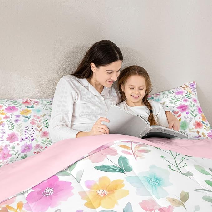 Erosebridal Cute Floral Queen Comforter Set for Kids Girls,Purple and Pink Flower Bedding Sets,Boho Chic Wildflower Bed Set,Colorful Flowers Farmhouse Room Decor,2 Pillowcases Ultra Soft