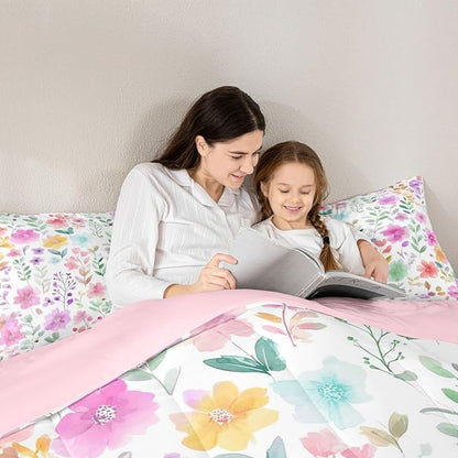 Erosebridal Cute Floral King Bedding Set for Kids Girls,Purple and Pink Flower Comforter Set,Boho Chic Wildflower Quilt,Colorful Flowers Farmhouse Bedroom Decor,2 Pillowcases Ultra Soft