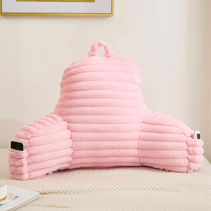 Faux Fur Fluffy Pink Reading Pillow with Pockets, Luxury Striped Plush Decorative, Arm Rests and Back Support for Bed Rest, Lounging on Sofa, Extra Large Size for Adult.