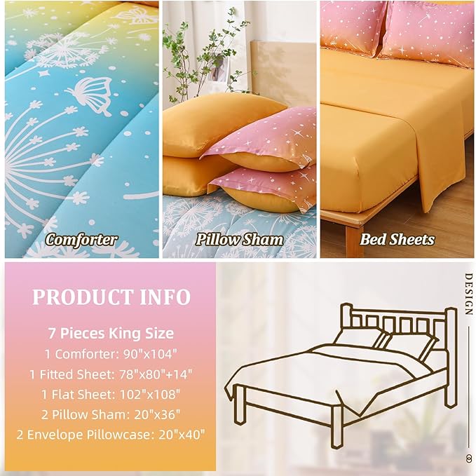 Menghomeus Girls Comforter Set King Size 7 Pieces Bed in A Bag Ombre Rainbow Bedding Set Dandelion Butterfly Print Kids Bedding Collections