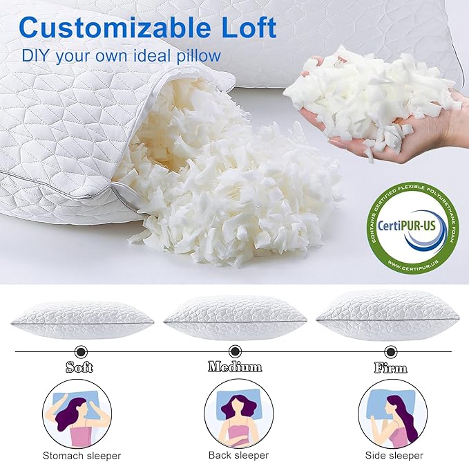 Cooling Pillows Queen Size Set of 4, Shredded Memory Foam Pillows, Adjustable Firm Bed Pillows Cool Cold Pillow for Hot Side Back Stomach Sleepers with Removable Washable Cover, 20" x 30", White