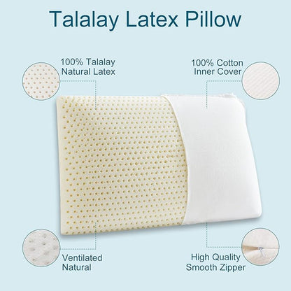 Talalay Latex Pillow, Medium Soft Latex Foam Pillow for Sleeping, Queen Size Bed Pillow for Back with Removable Cotton Inner Cover, Side and Stomach Sleepers, Helps Relieve Shoulder and Neck Pain
