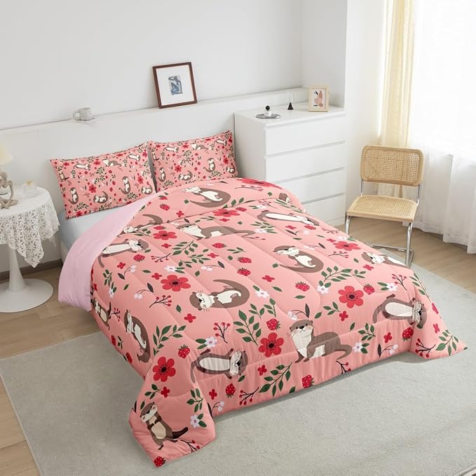 Lovely Otter Comforter Set Queen Size 3 Pcs Cartoon Pink Strawberry Flowers Decor Comforter for Kids Boys Girls Cute Wild Animals Rustic Style Bedding Set with 2 Pillowcases+1 Comforter