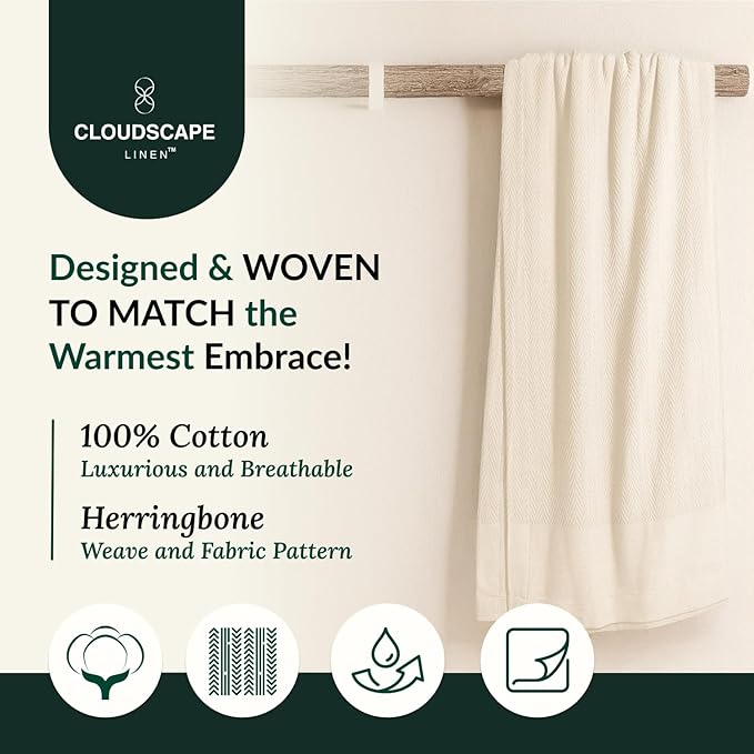 Cloud Scape Linen 100% Cotton Blanket King Size for Bed – Heavy & Soft, All Season, Winter Layering Blanket, Herringbone Weave, Best Gift for Christmas, fits Up to Cal King, 92x108, Ivory