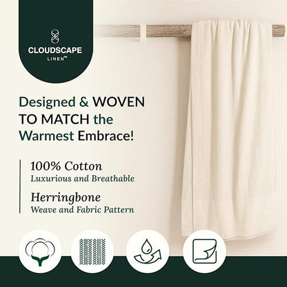 Cloud Scape Linen 100% Cotton Blanket King Size for Bed – Heavy & Soft, All Season, Winter Layering Blanket, Herringbone Weave, Best Gift for Christmas, fits Up to Cal King, 92x108, Ivory