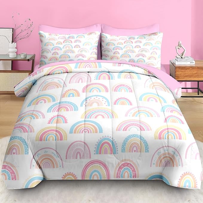 Comforter Set Full Size, Cute Cartoon Rainbow 7 Pcs Bedding for Kids and Adults, Pink Boho Nursery Bed Sheet Sets with Fitted Sheet 2 Pillowcases & 2 Shams for Bedroom Bed Decor