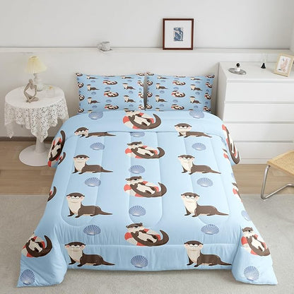 Cute Otter Kids Comforter Set Full Size 3 Pcs,Cartoon Blue Shell Summer Ocean Theme Bedding Set for Boys Girls Teens,Lovely Wild Animals Hippie Comforter Duvet Set with 2 Pillowcases
