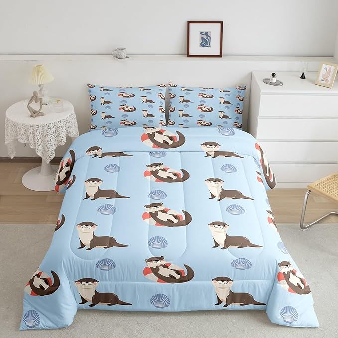 Cute Otter Kids Comforter Set King Size 3 Pcs,Cartoon Blue Shell Summer Ocean Theme Bedding Set for Boys Girls Teens,Lovely Wild Animals Hippie Down Comforter with 2 Pillowcases